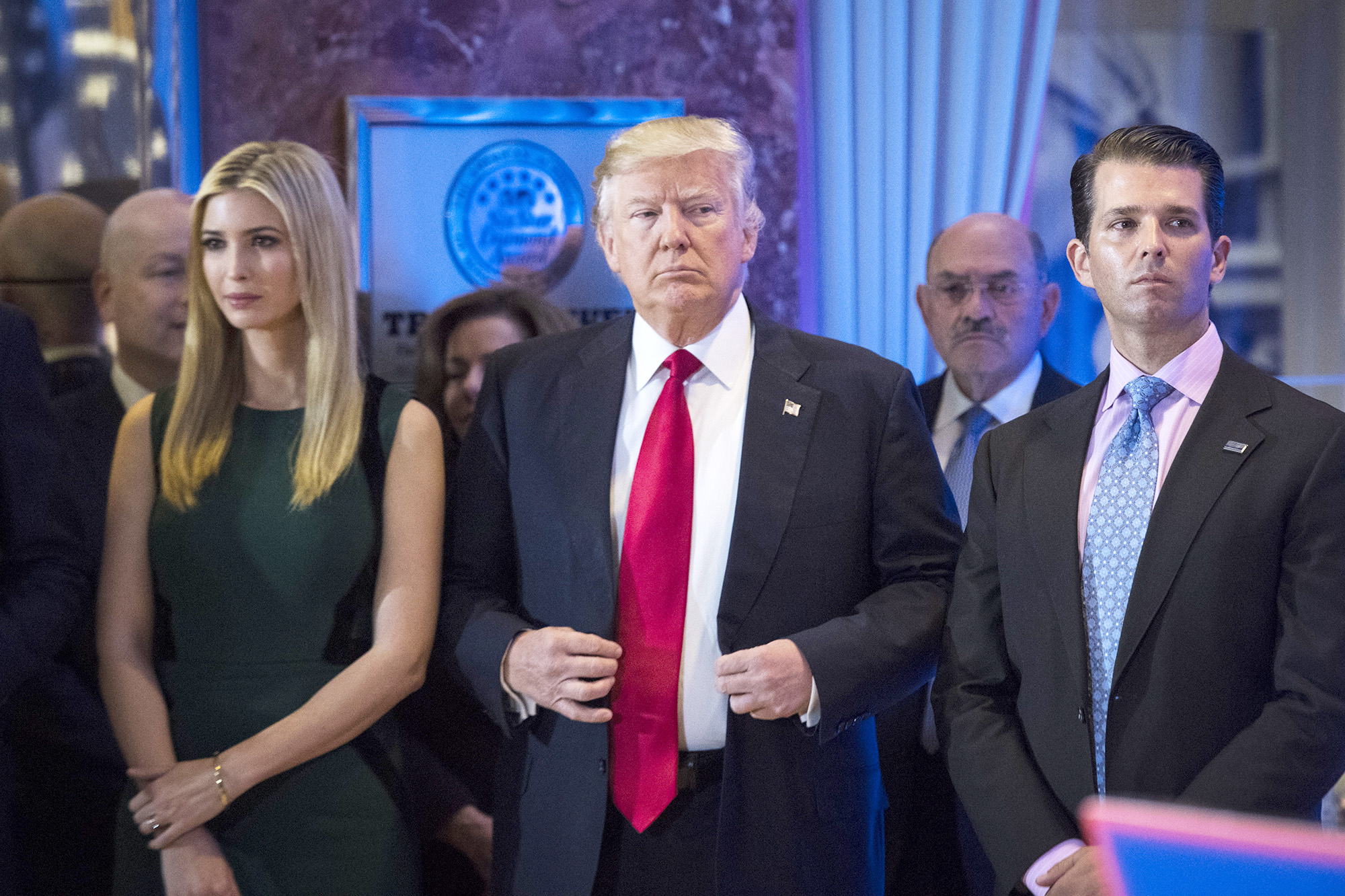 PHOTO: Donald Trump, Ivanka Trump, and Donald Trump Jr. attend a press conference at Trump Tower in New York, Jan. 11, 2017.