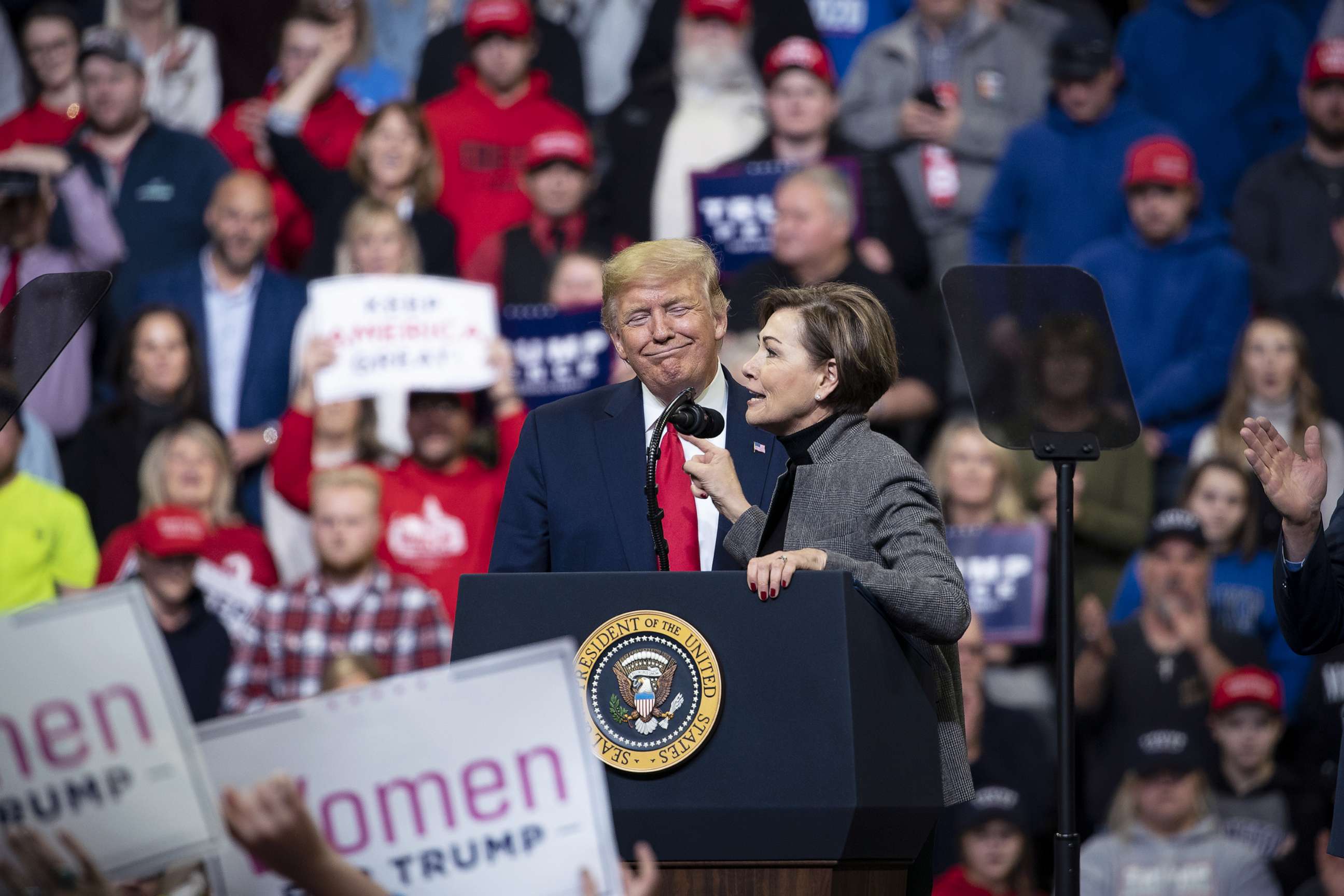 PHOTO: Iowa Governor Kim Reynolds speaks as President Donald Trump listens during a rally in Des Moines, Iowa, Jan. 30, 2020.