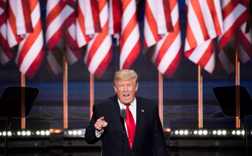 PHOTO: Republican presidential nominee Donald Trump delivers his acceptance speech at the 2016 Republican National Convention in Cleveland, Ohio on July 21, 2016.