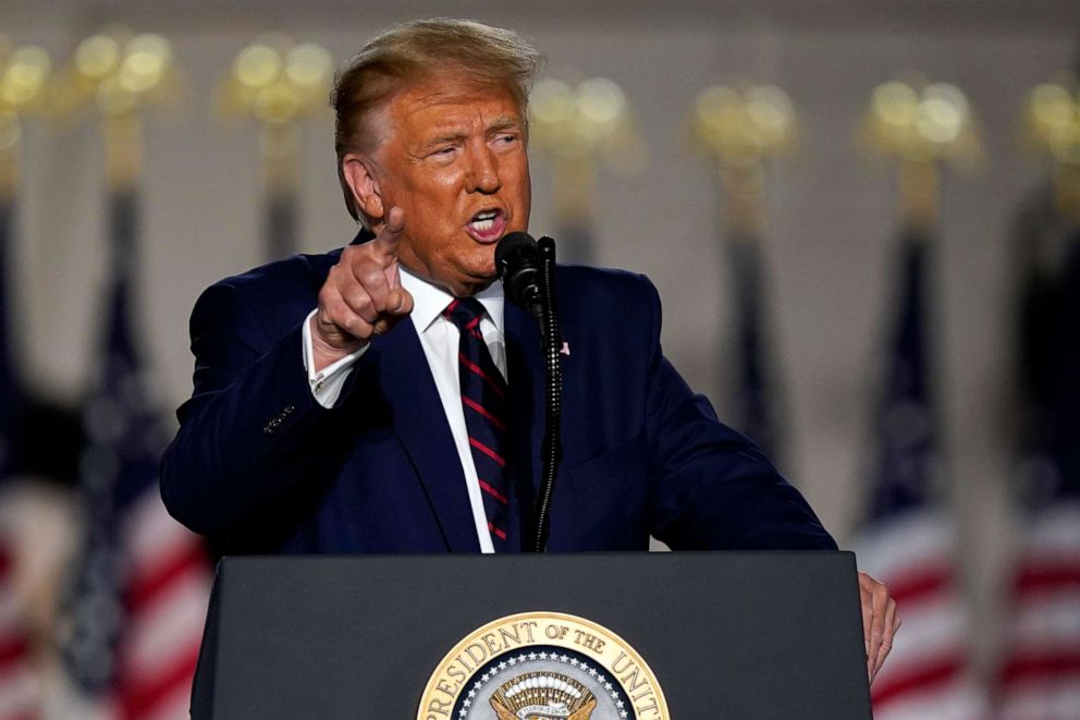 PHOTO: President Donald Trump speaks from the South Lawn of the White House on the fourth day of the Republican National Convention, Aug. 27, 2020, in Washington.