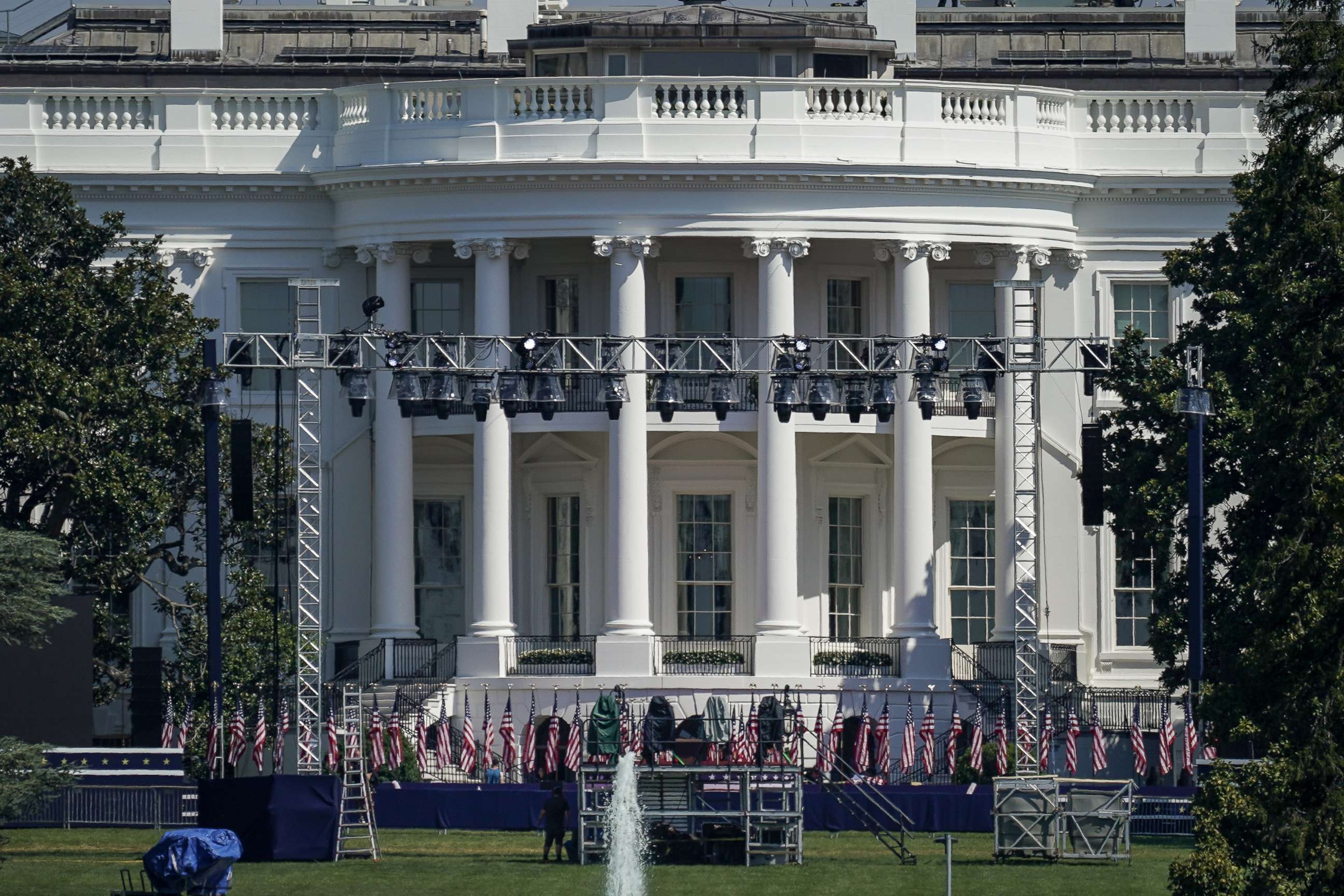 PHOTO:  Staging and lighting is set up on the South Lawn of the White House on Aug. 24, 2020.