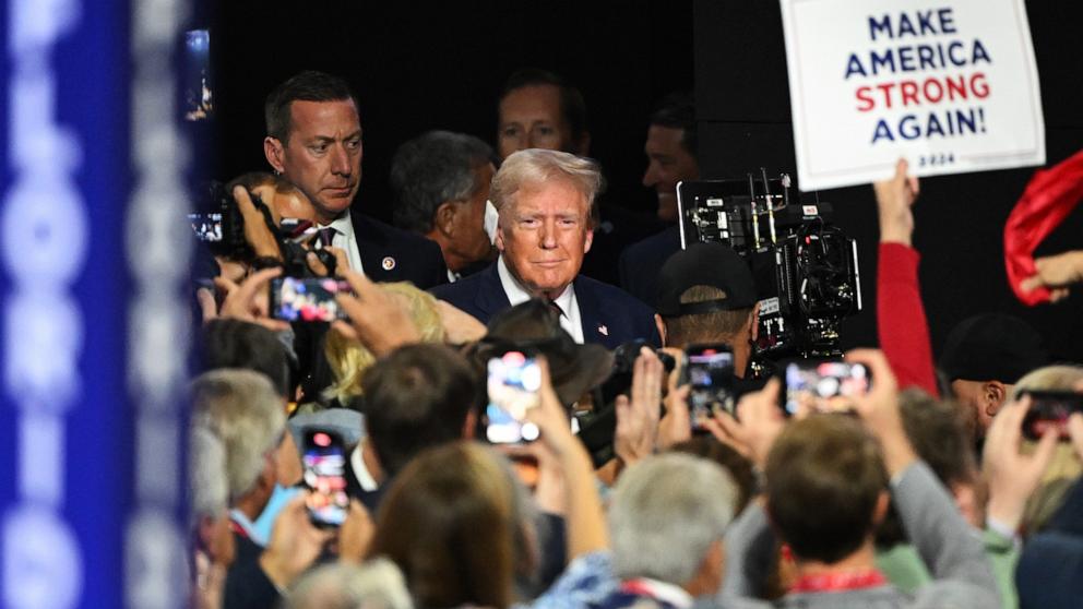 PHOTO: Republican presidential candidate, former U.S. President Donald Trump arrives on the third day of the Republican National Convention at the Fiserv Forum, on July 17, 2024, in Milwaukee, Wisconsin.