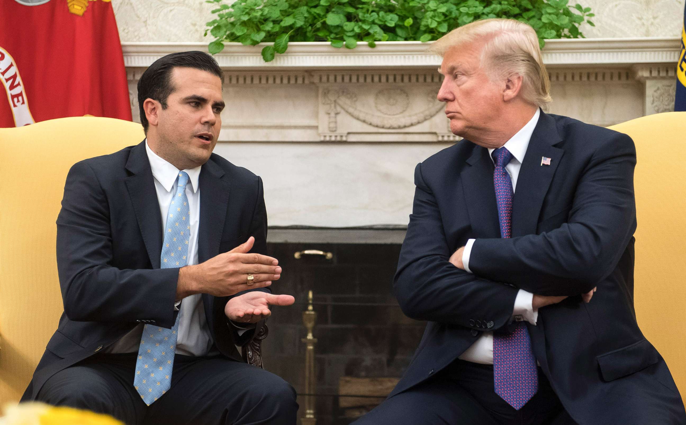 PHOTO: President Donald Trump listens as Governor Ricardo Rossello of Puerto Rico speaks during a meeting in the Oval Office at the White House on Oct. 19, 2017 in Washington, D.C. 