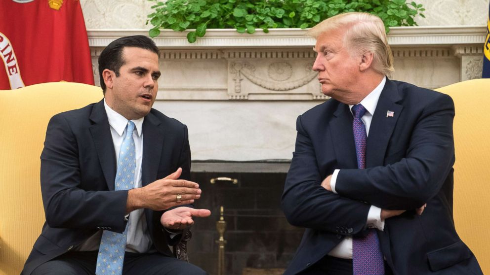PHOTO: President Donald Trump listens as Governor Ricardo Rossello of Puerto Rico speaks during a meeting in the Oval Office at the White House on Oct. 19, 2017 in Washington, D.C. 