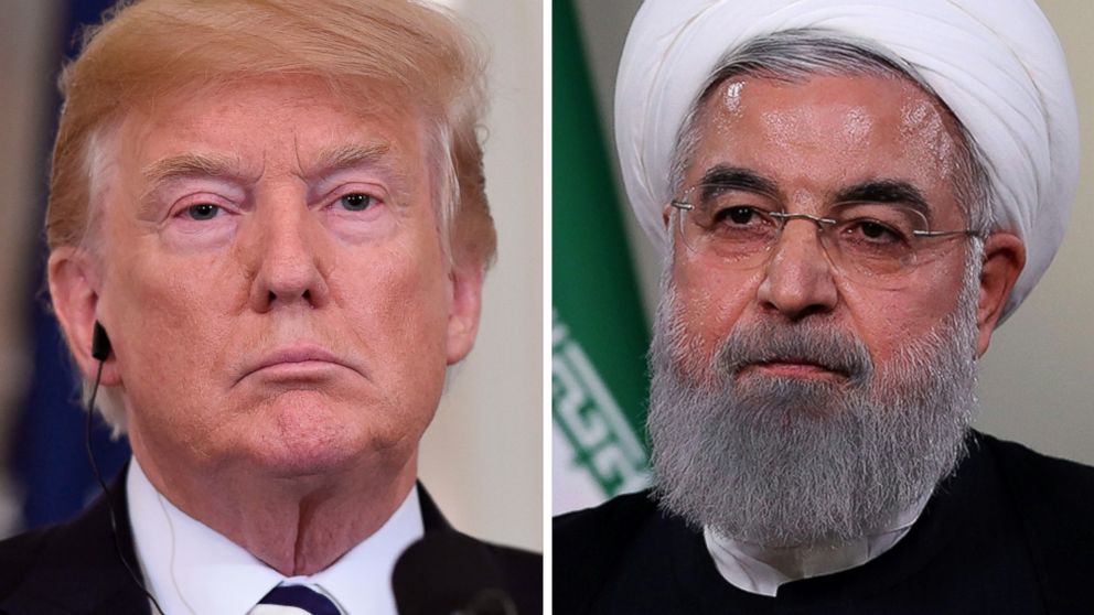 PHOTO: President Donald Trump is pictured in Washington, July 30, 2018 and Iranian President Hassan Rouhani is pictured giving a speech in Tehran, May 2, 2018.