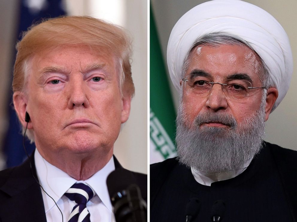 PHOTO: President Donald Trump is pictured in Washington, July 30, 2018, and Iranian President Hassan Rouhani is pictured giving a speech in Tehran, May 2, 2018.