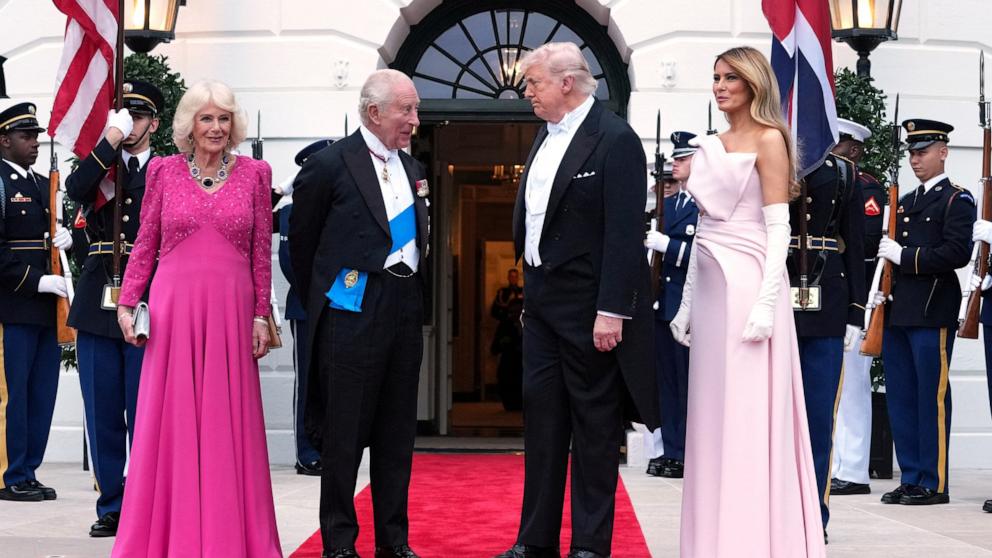 PHOTO: President Donald Trump and first lady Melania Trump welcomes Britain's King Charles and Queen Camilla at the South Portico as they arrive for a state dinner at the White House in Washington, D.C., April 28, 2026. 