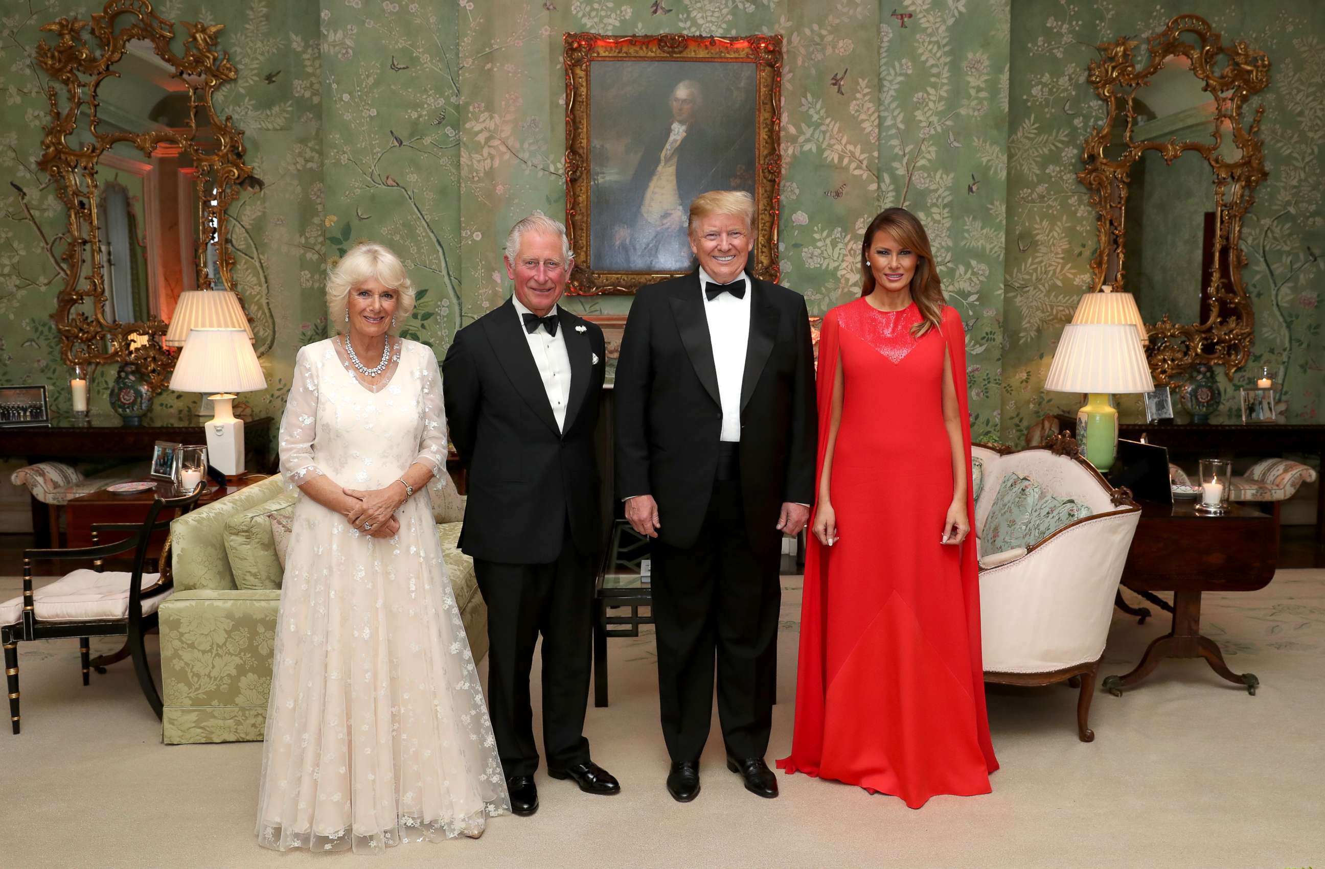 PHOTO: President Donald Trump and First Lady Melania Trump host a dinner at Winfield House for Prince Charles, Prince of Wales and Camilla, Duchess of Cornwall, during their state visit, June 4, 2019, in London. 