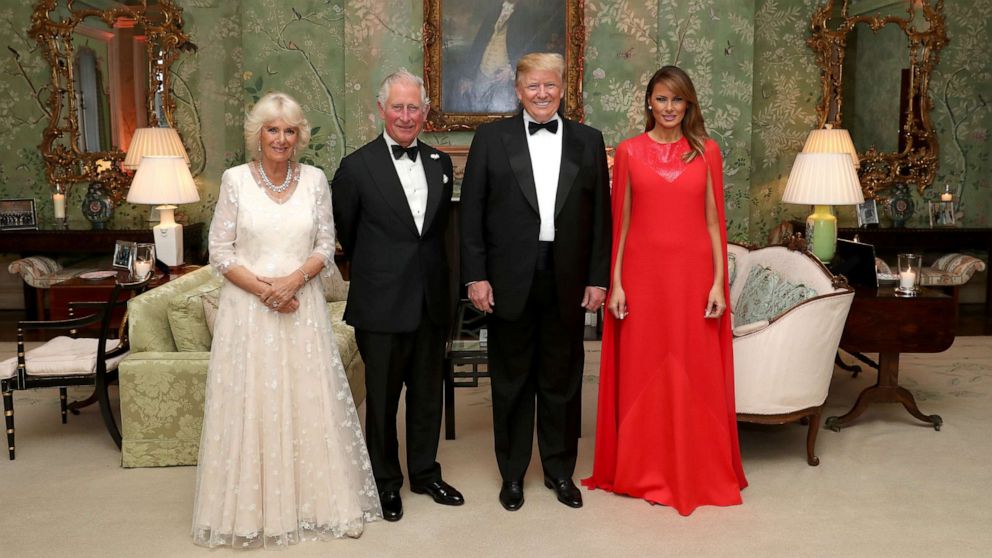 PHOTO: President Donald Trump and First Lady Melania Trump host a dinner at Winfield House for Prince Charles, Prince of Wales and Camilla, Duchess of Cornwall, during their state visit, June 4, 2019, in London. 
