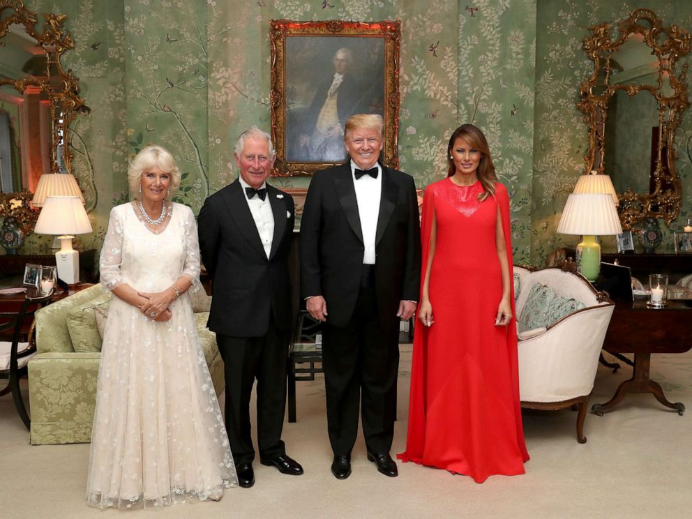 PHOTO: President Donald Trump and First Lady Melania Trump host a dinner at Winfield House for Prince Charles, Prince of Wales and Camilla, Duchess of Cornwall, during their state visit, June 4, 2019, in London.
