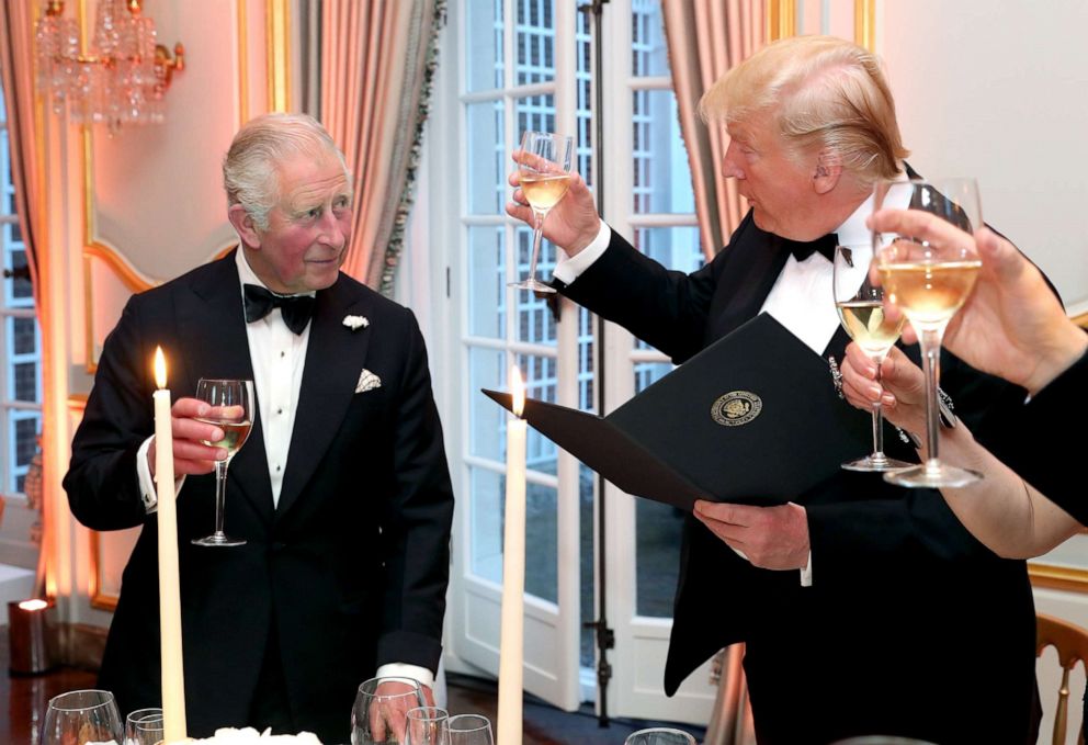 PHOTO: President Donald Trump and First Lady Melania Trump host a dinner at Winfield House for Prince Charles, Prince of Wales and Camilla, Duchess of Cornwall, during their state visit, June 4, 2019, in London. 