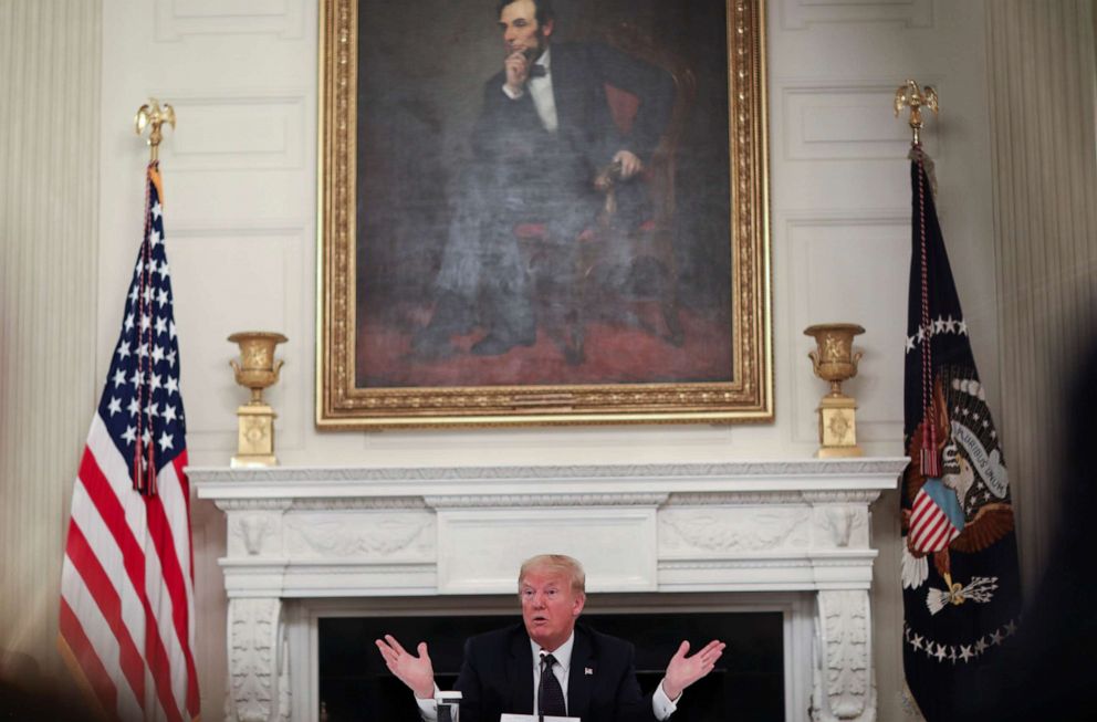 PHOTO: President Donald Trump talks about taking daily doses of hydroxychloroquine pills as he addresses a coronavirus disease (COVID-19) pandemic meeting with restaurant executives and industry leaders the White House in Washington, May 18, 2020.