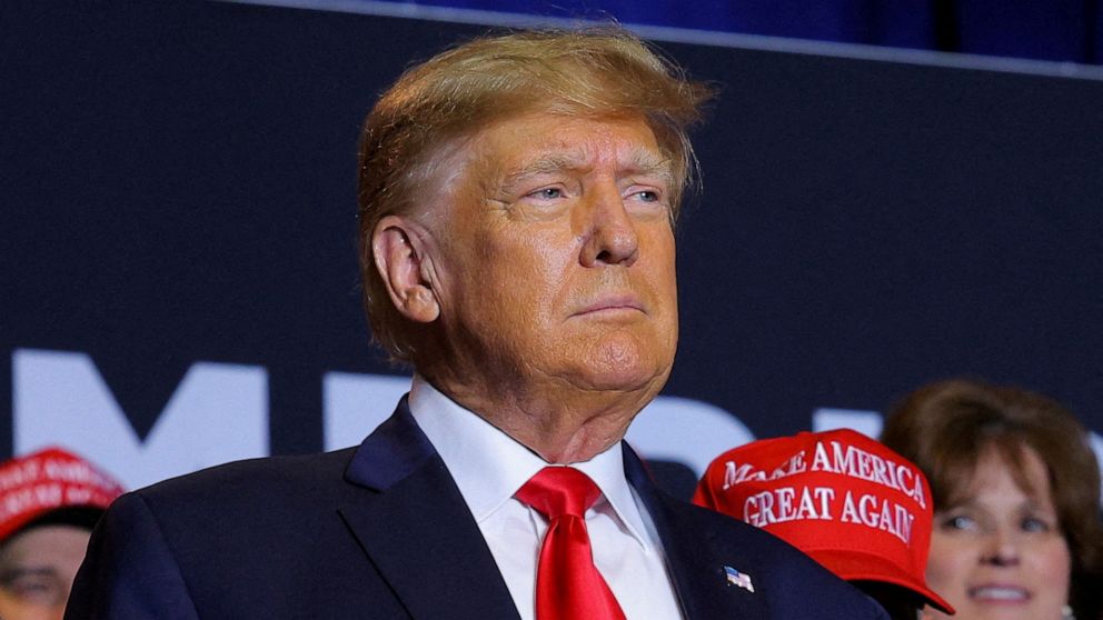 PHOTO: Former U.S. President and Republican presidential candidate Donald Trump attends a campaign event in Manchester, N.H., April 27, 2023.