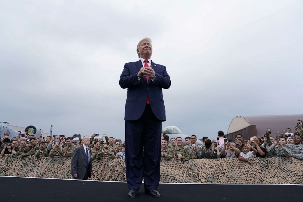 PHOTO: President Donald Trump speaks to U.S. troops based in the Osan Airbase, South Korea, June 30, 2019. 