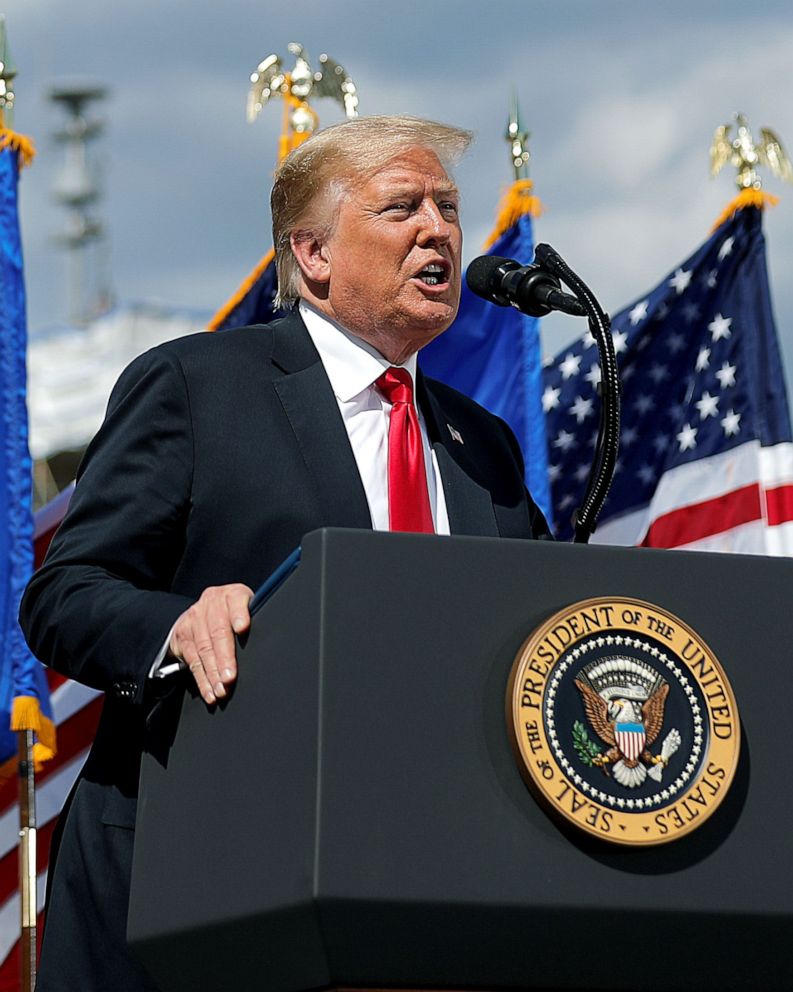 PHOTO: President Donald Trump delivers a speech following a tour of Fincantieri Marinette Marine in Marinette, Wisc., June 25, 2020. 