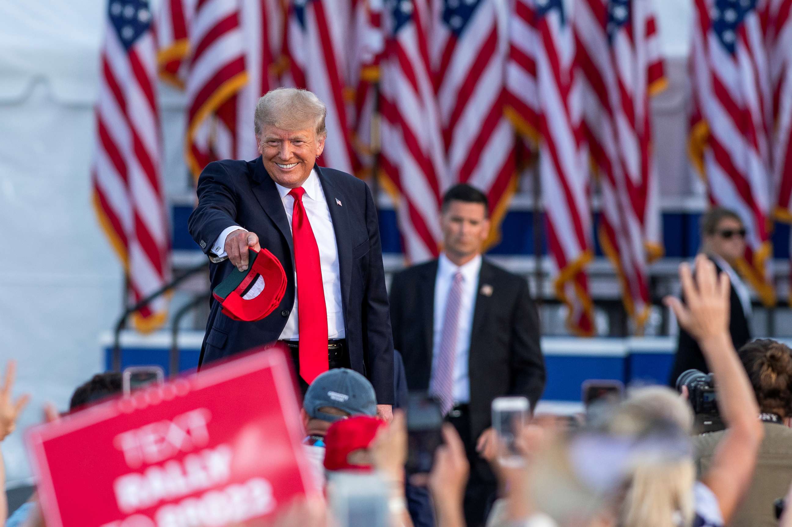 PHOTO: Former President Donald Trump gestures during a rally at the Lorain County Fairgrounds in Wellington, Ohio, June 26, 2021. 