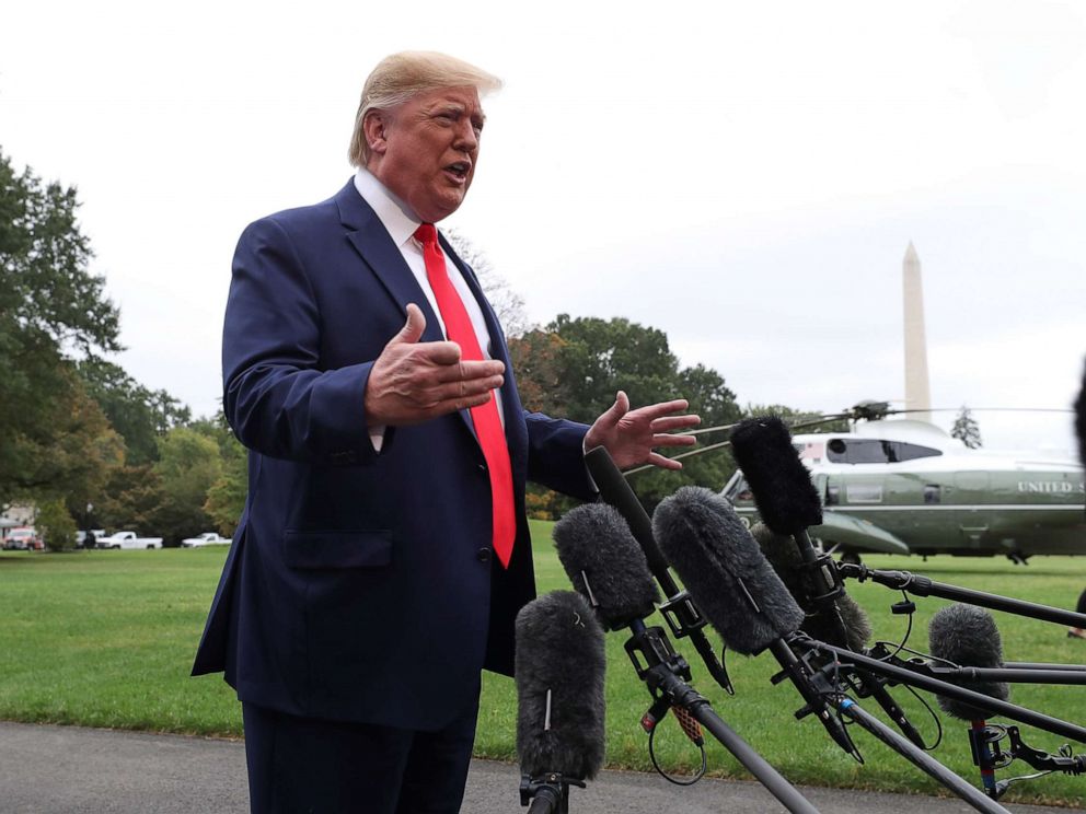 PHOTO: President Donald Trump talks to reporters as he departs for travel to Florida from the South Lawn of the White House in Washington, Oct. 3, 2019.