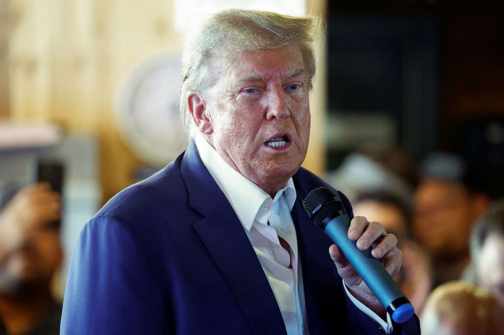 PHOTO: Republican presidential candidate and former President Donald Trump campaigns at the Iowa State Fair in Des Moines, Iowa, on Aug. 12, 2023.