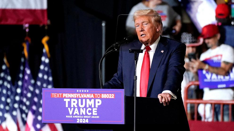 PHOTO: Republican presidential nominee and former President Donald Trump holds a campaign rally in Harrisburg, Pa., on July 31, 2024. 