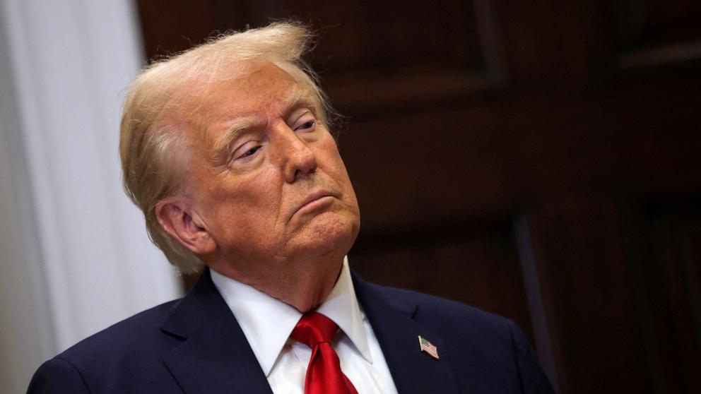 PHOTO: President Donald Trump stands after delivering remarks on AI infrastructure at the Roosevelt room at White House in Washington, D.C., Jan. 21, 2025.