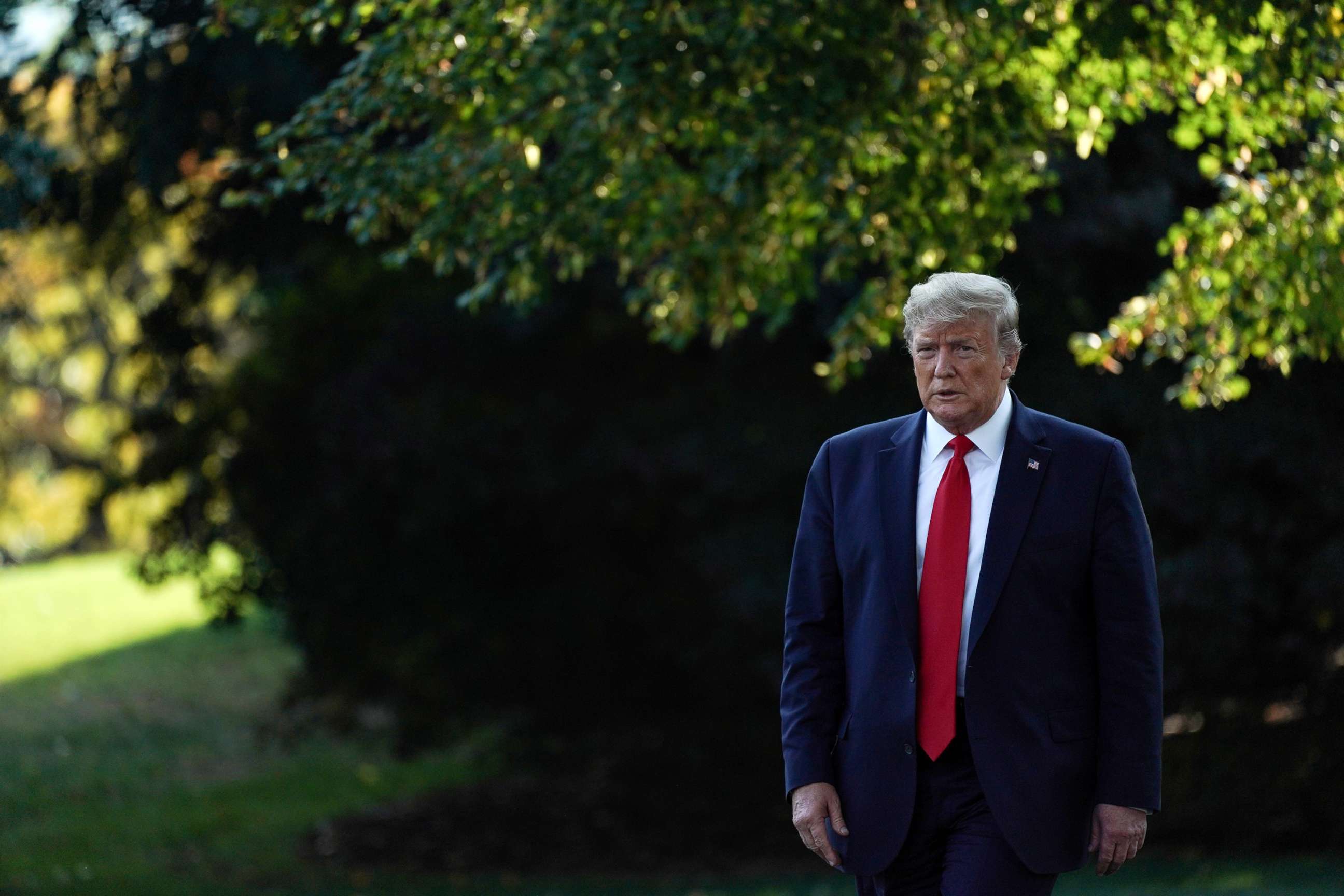 PHOTO: President Donald Trump across the South Lawn of the White House, Sept. 16, 2019.