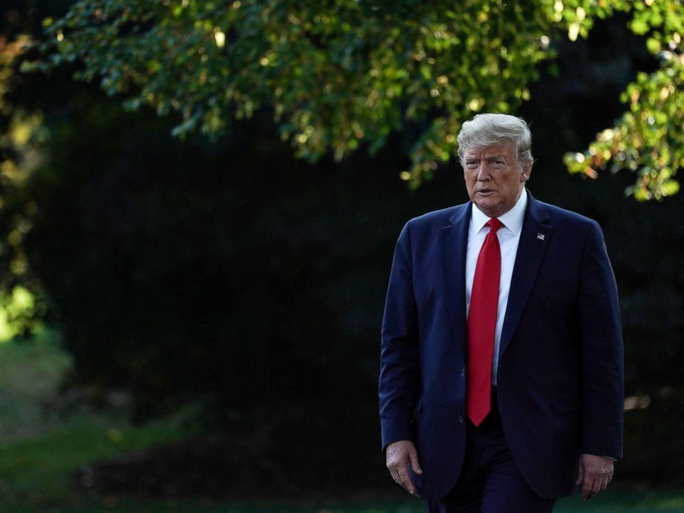 PHOTO: President Donald Trump across the South Lawn of the White House, Sept. 16, 2019.