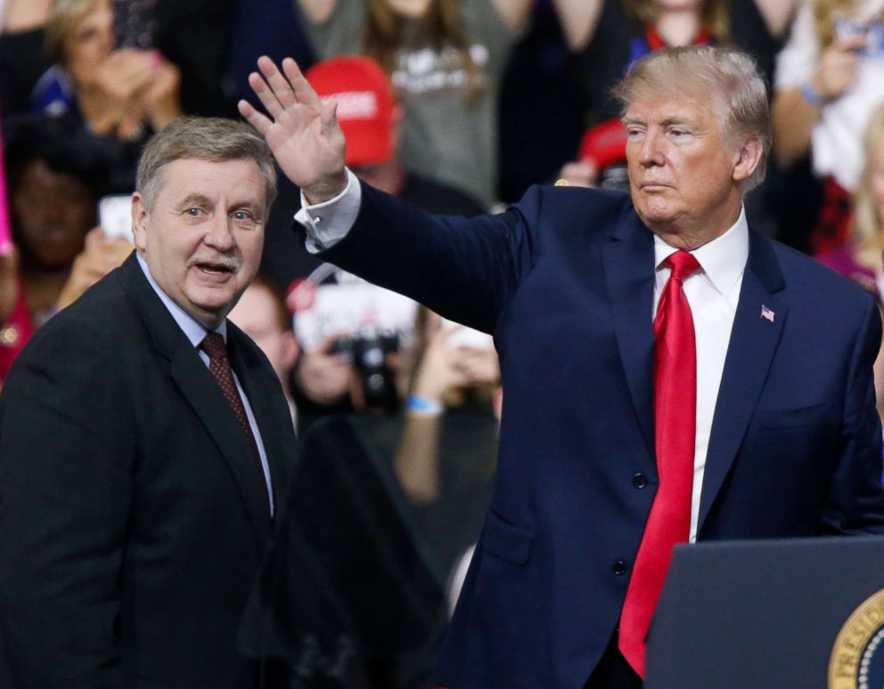 PHOTO: President Donald Trump acknowledges the crowd during a campaign rally with Republican Rick Saccone, March 10, 2018, in Moon Township, Pa.