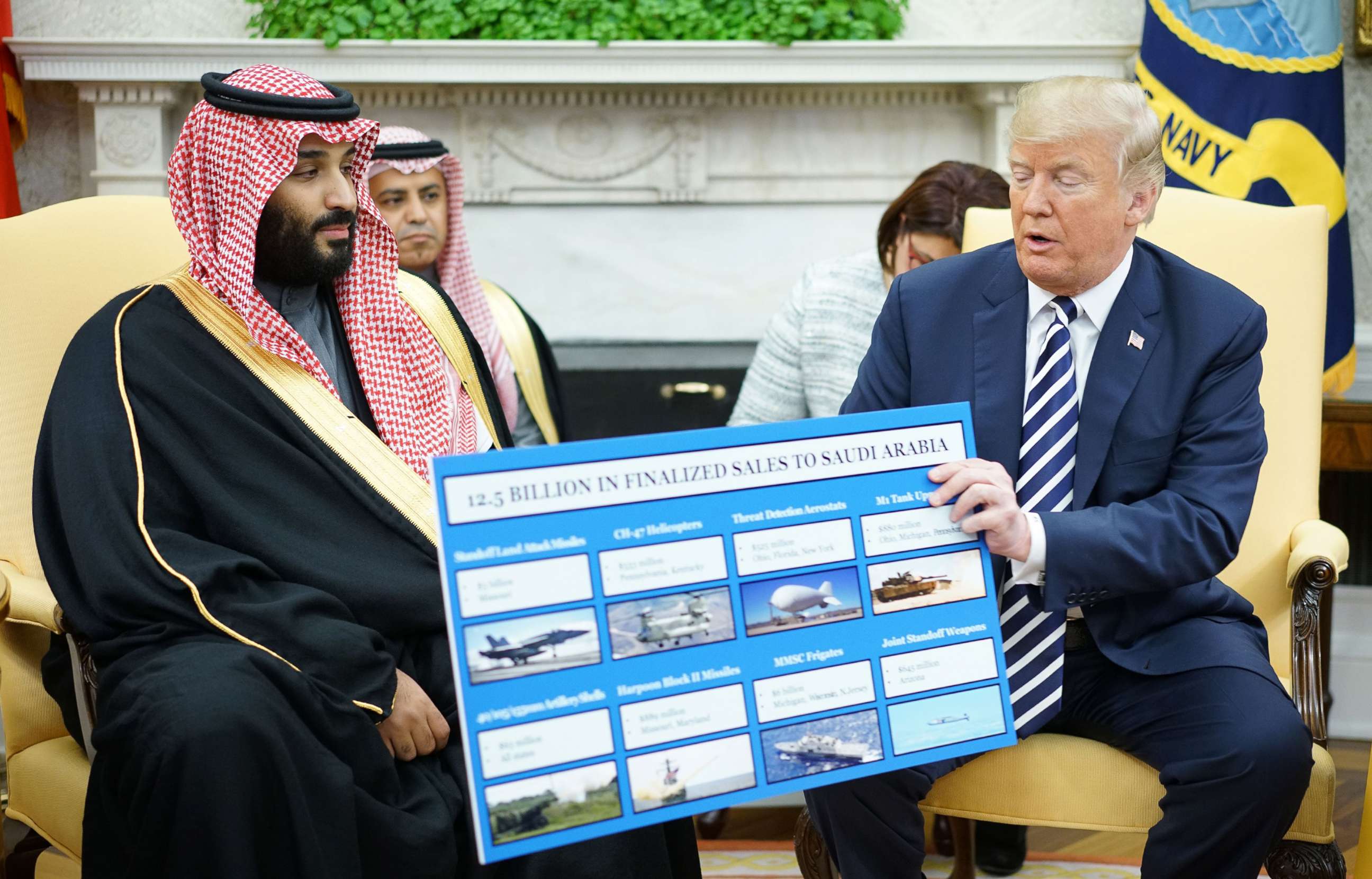 PHOTO: In this file photo, President Donald Trump holds a defense sales chart with Saudi Arabia's Crown Prince Mohammed bin Salman in the Oval Office of the White House on March 20, 2018, in Washington.