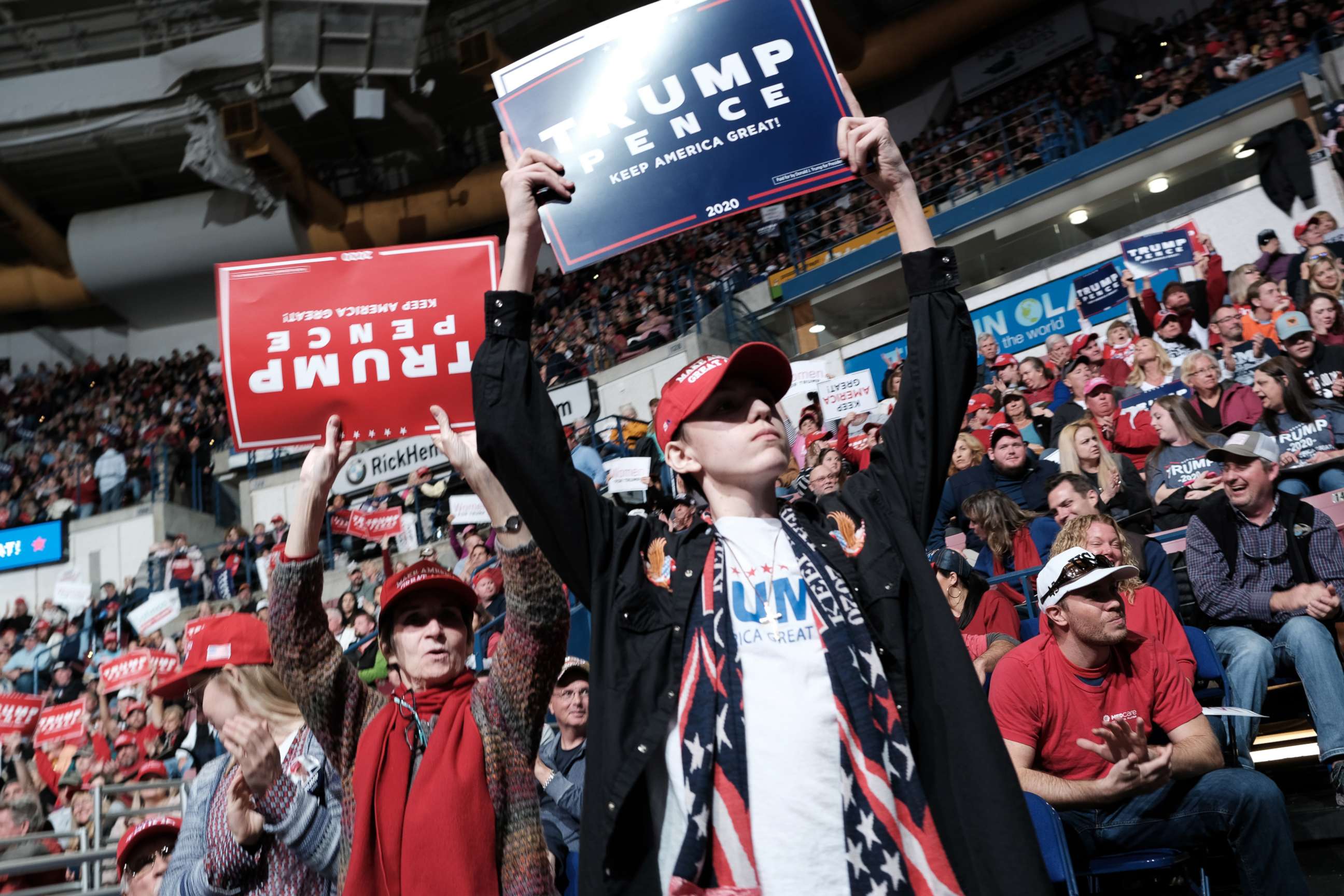 PHOTO: Supporters of President Donald Trump attend a Trump rally on the eve before the South Carolina primary on Feb. 28, 2020 in North Charleston, S.C. 
