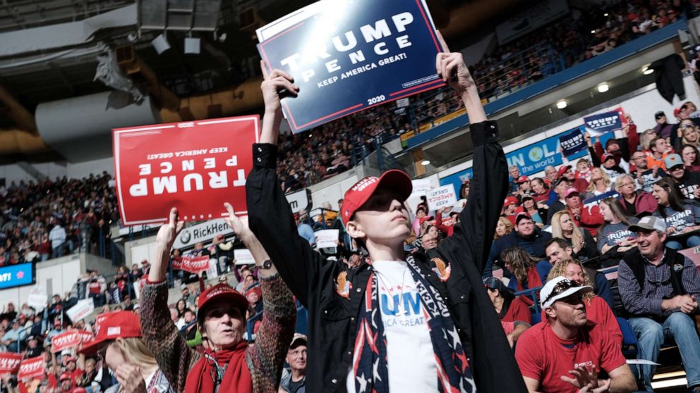 PHOTO: NORTH CHARLESTON, SOUTH CAROLINA - FEBRUARY 28: Supporters of President Donald Trump attend a Trump rally on the eve before the South Carolina primary on February 28, 2020 in North Charleston, South Carolina.