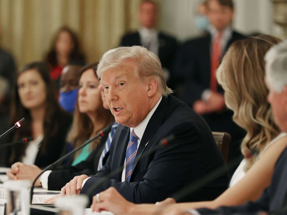 PHOTO: President Donald Trump speaks during an event with students, teachers and administrators about how to safely re-open schools during the coronavirus pandemic in the East Room at the White House, July 07, 2020, in Washington, DC.