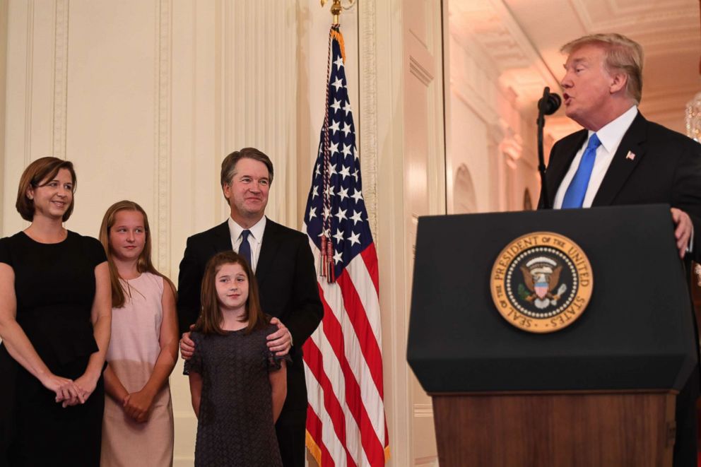 PHOTO: President Donald Trump announces Judge Brett Kavanaugh as his nominee to the Supreme Court in the East Room of the White House on July 9, 2018 in Washington.