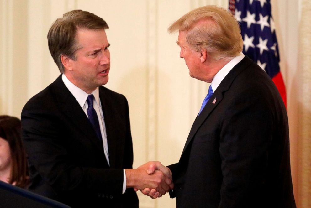 PHOTO: President Donald Trump shakes hands with Supreme Court nominee Judge Brett Kavanaugh in the East Room of the White House in Washington, July 9, 2018.