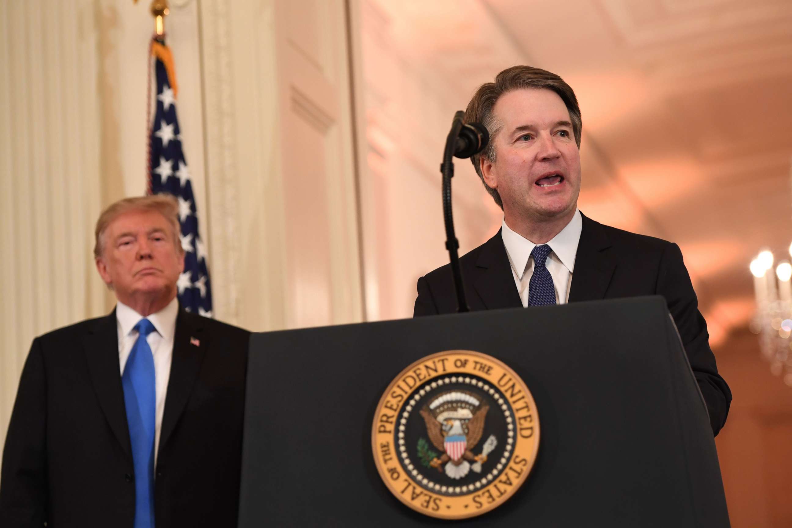 PHOTO: Judge Brett Kavanaugh speaks after being nominated by US President Donald Trump to the Supreme Court in the East Room of the White House on July 9, 2018 in Washington.