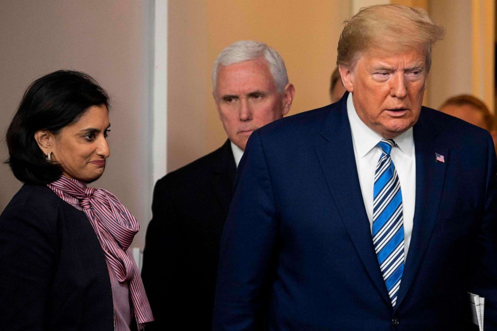 PHOTO: President Donald Trump arrives to speak as Administrator of the Centers for Medicare and Medicaid Services Seema Verma, left, looks on during a Coronavirus Task Force press briefing at the White House in Washington, April 19, 2020. 