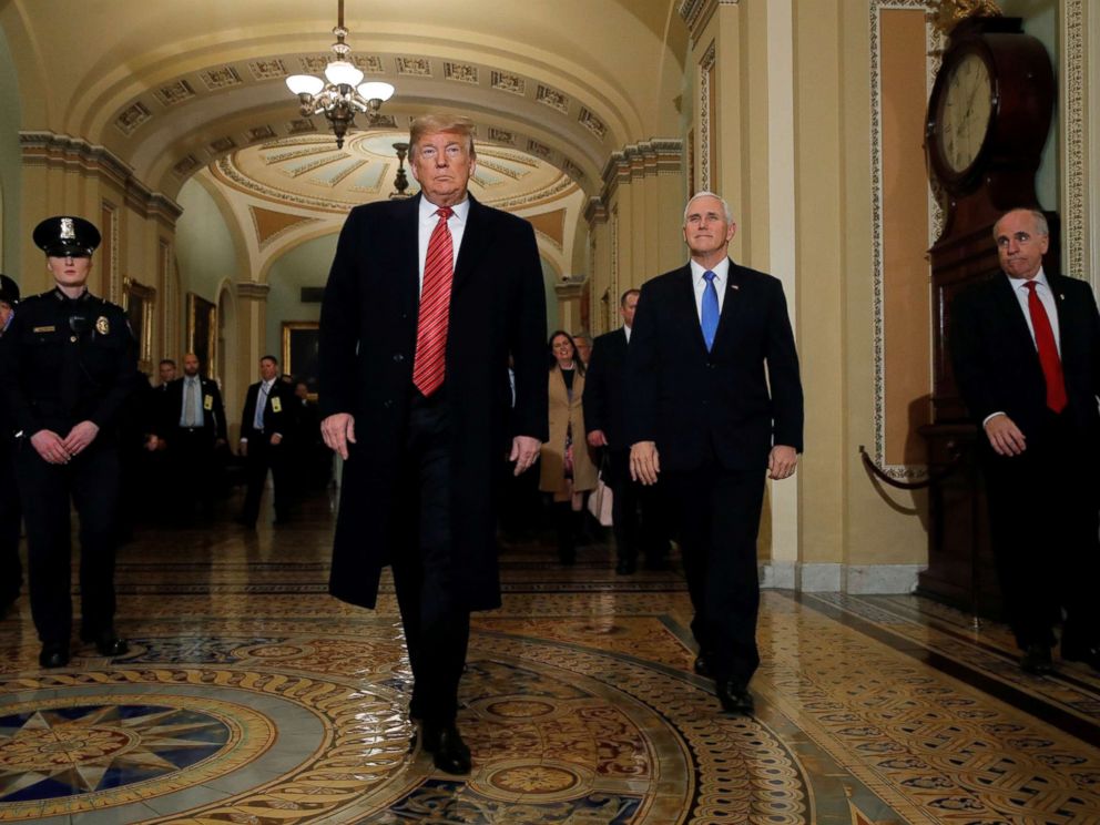 PHOTO: President Donald Trump is accompanied by Vice President Mike Pence as they arrives to attend a closed Senate Republican policy lunch as a partial government shutdown entered its 19th day on Capitol Hill in Washington, Jan. 9, 2019.