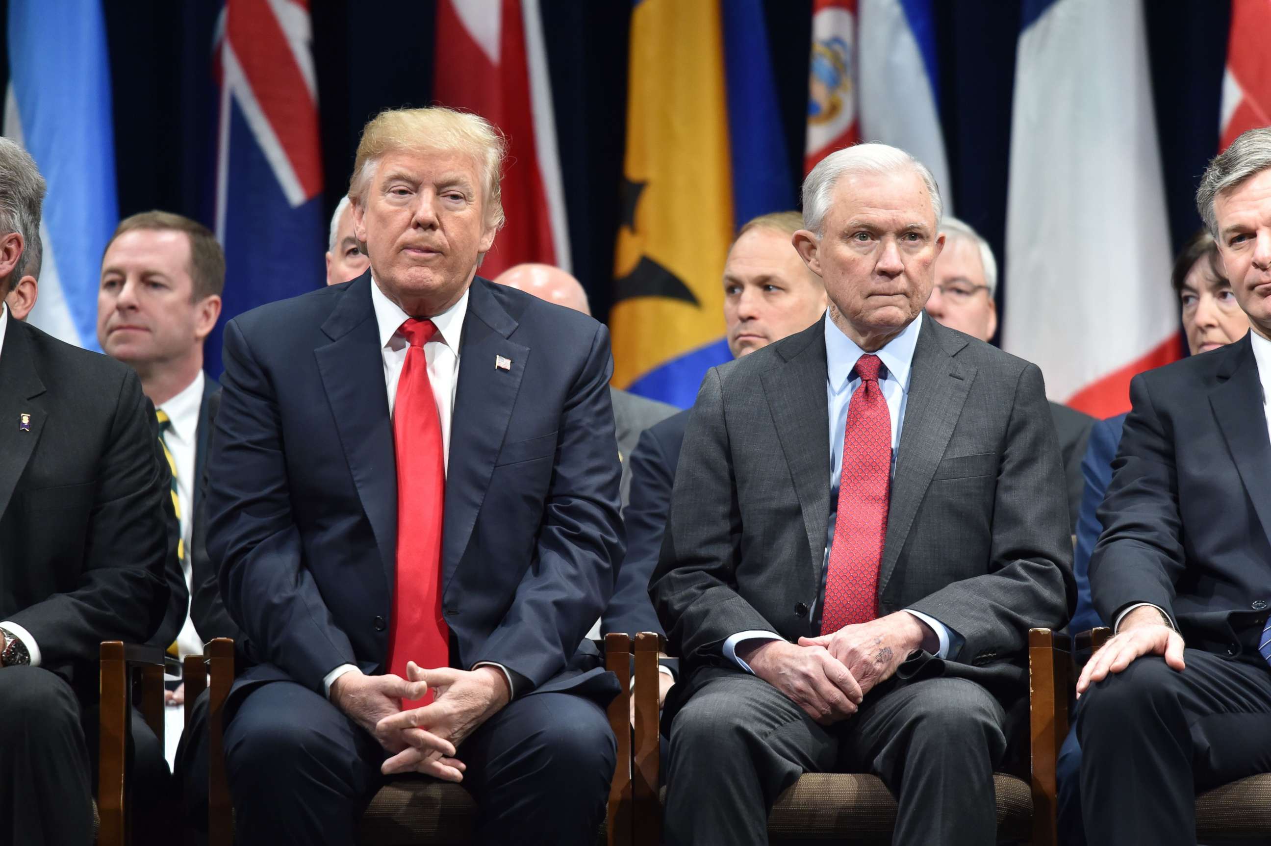 PHOTO: President Donald Trump sits with Attorney General Jeff Session, Dec. 15, 2017, in Quantico, Va., before participating in the FBI National Academy graduation ceremony. 