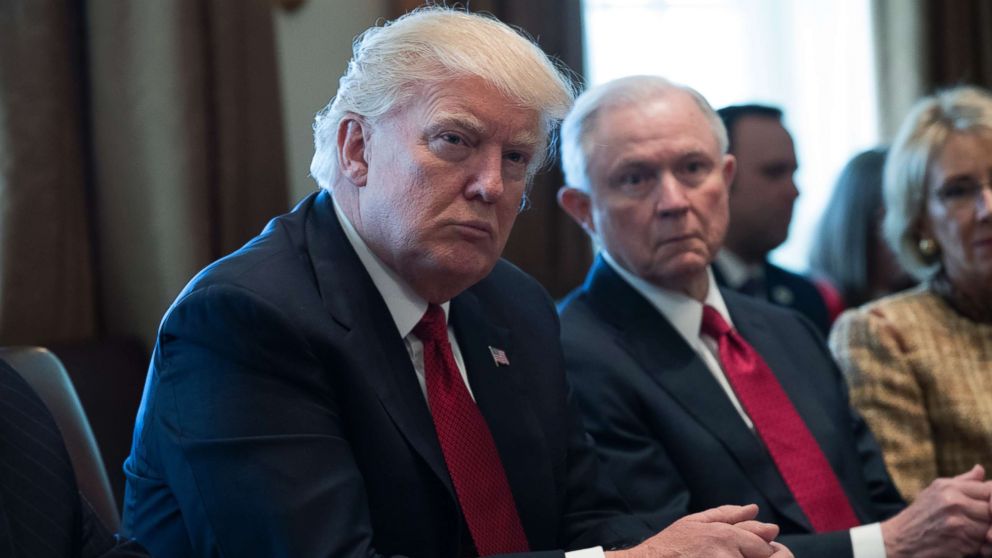 President Donald Trump and Attorney General Jeff Sessions attend a panel discussion on opioid and drug abuse in the Roosevelt Room of the White House, March 29, 2017. 
