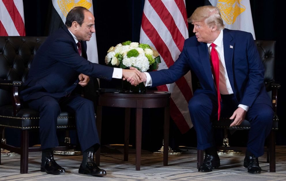 PHOTO: President Donald Trump shakes hands with Egyptian President Abdel Fattah el-Sisi during a meeting on the sidelines of the UN General Assembly in New York, Sept. 23, 2019. 