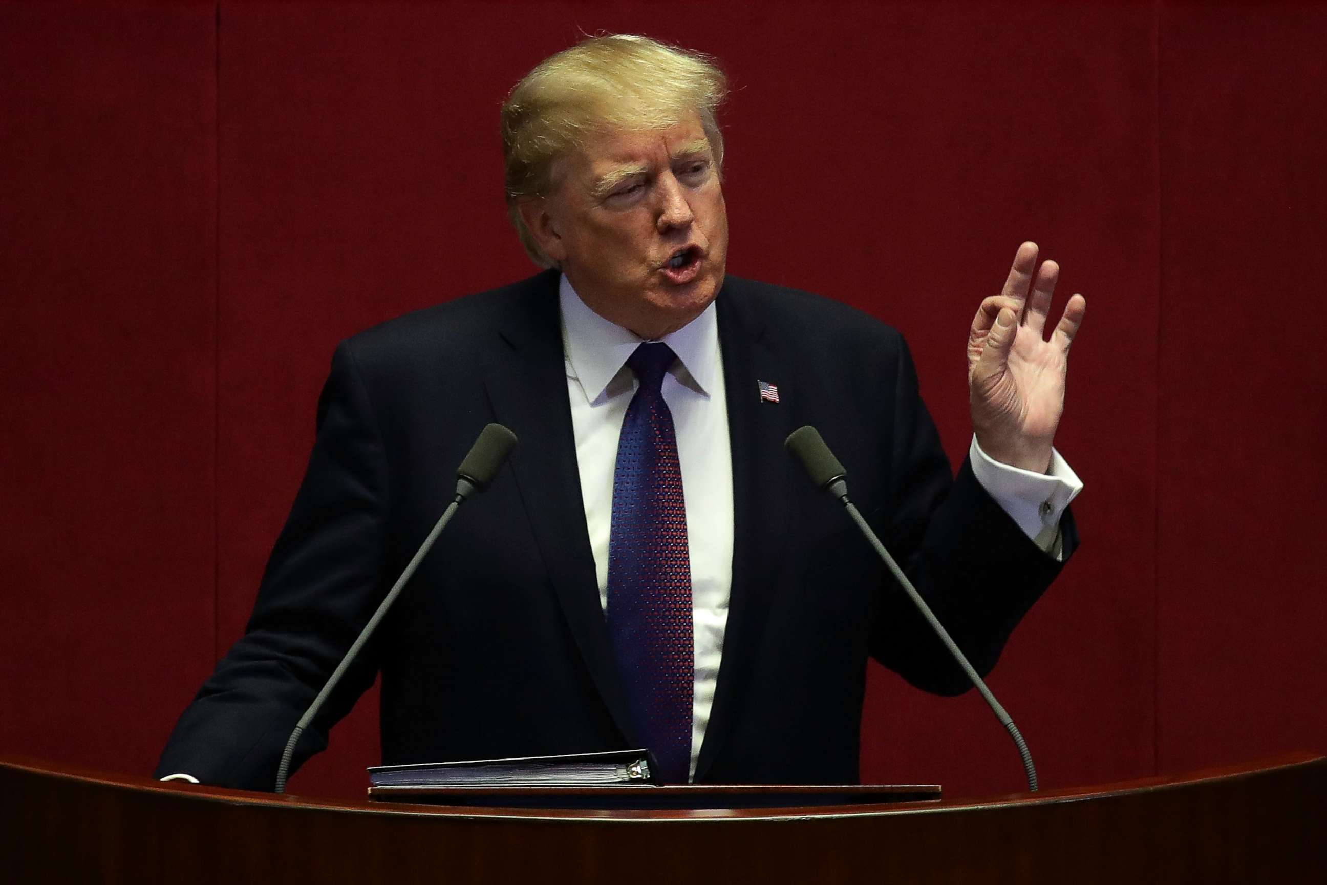 PHOTO:President Donald Trump gestures as he speaks at the National Assembly on November 8, 2017 in Seoul, South Korea. Trump is in South Korea as a part of his Asian tour. 