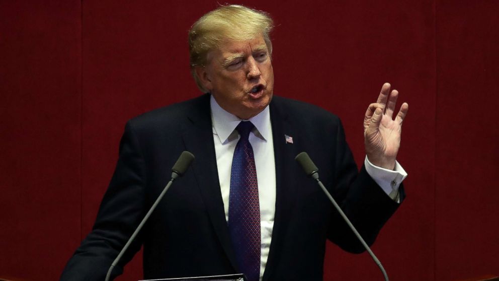 PHOTO:President Donald Trump gestures as he speaks at the National Assembly on November 8, 2017 in Seoul, South Korea. Trump is in South Korea as a part of his Asian tour. 