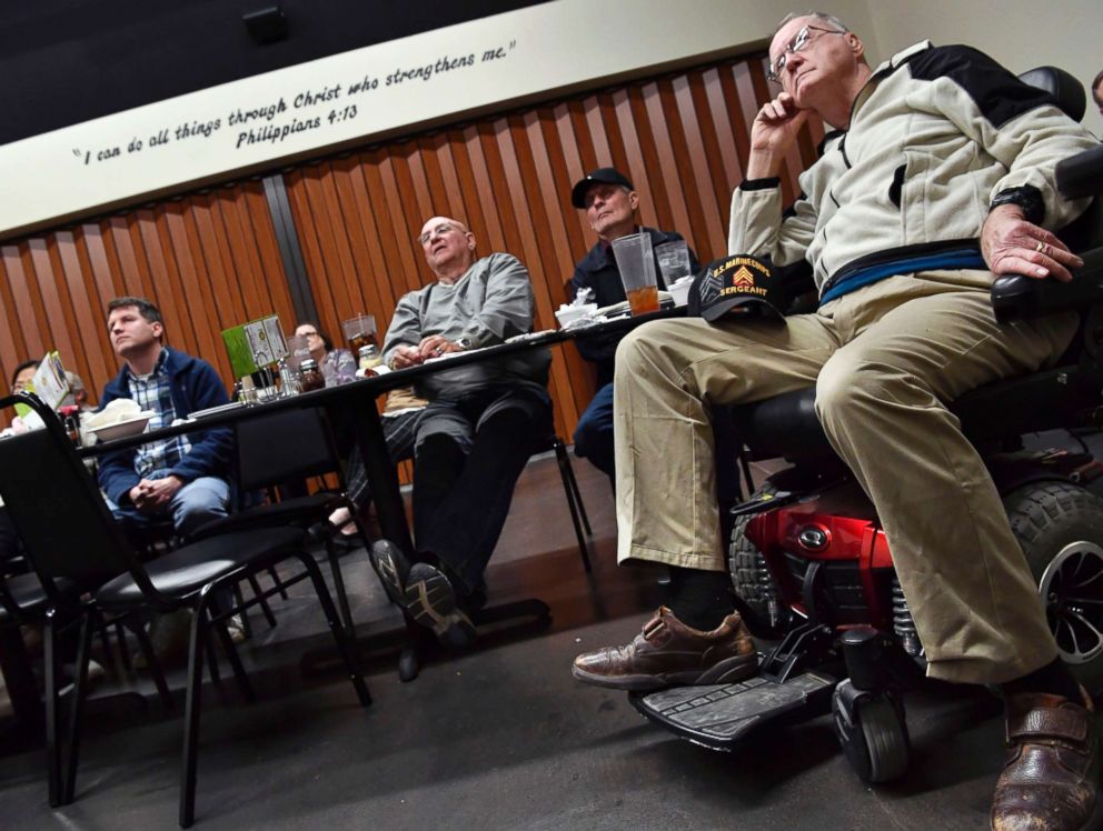 PHOTO: Monroe Nevils watches with a group of Taylor County Republicans as President Donald Trump delivers his first State of the Union, Jan. 30, 2018. The group sat in one of the private dining rooms at Potter's Pizza in Abilene, Texas.