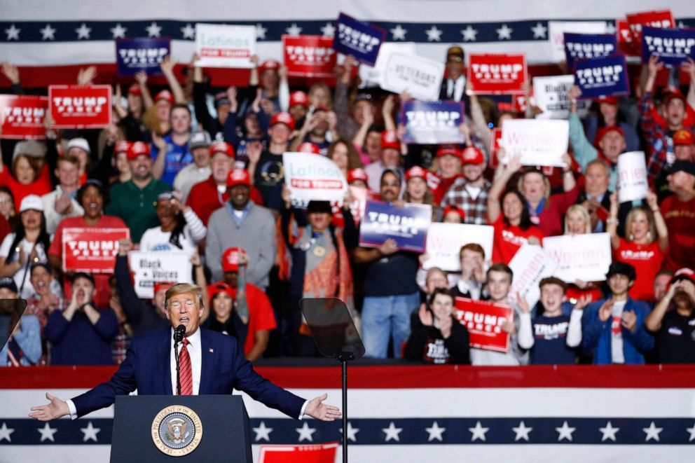 PHOTO: President Donald Trump speaks during a campaign rally, Friday, Feb. 28, 2020, in North Charleston, S.C.