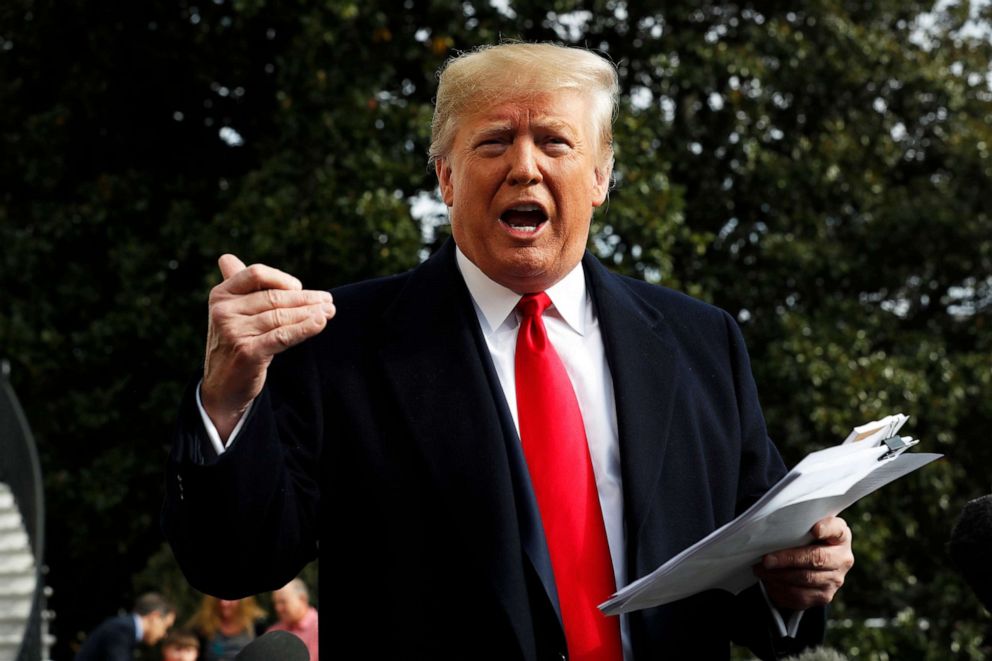 PHOTO: President Donald Trump talks to the media on his way to the Marine One helicopter, Nov. 20, 2019, as he leaves the White House in Washington, en route to Texas.