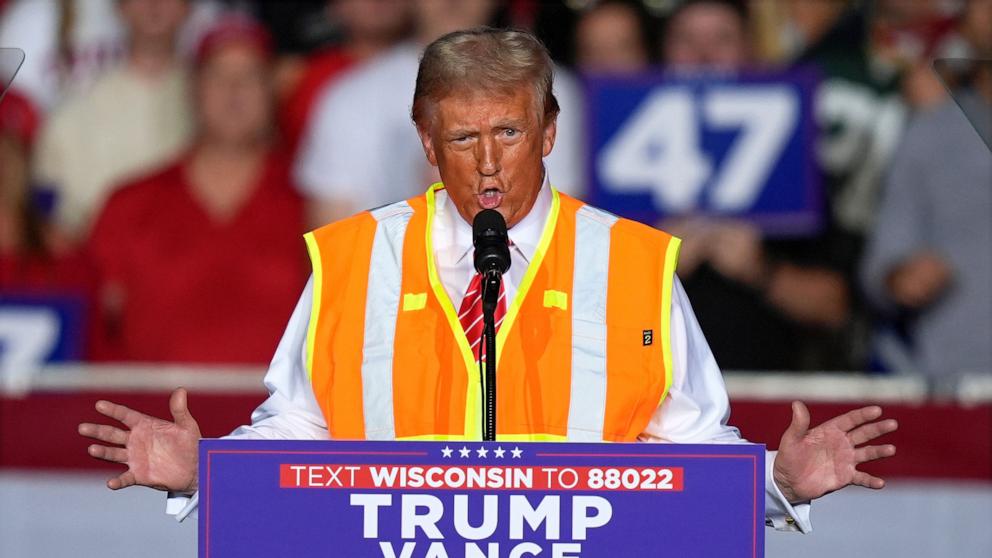 PHOTO: Republican presidential nominee former President Donald Trump speaks at a campaign rally at the Resch Center, Oct. 30, 2024, in Green Bay, Wis. 