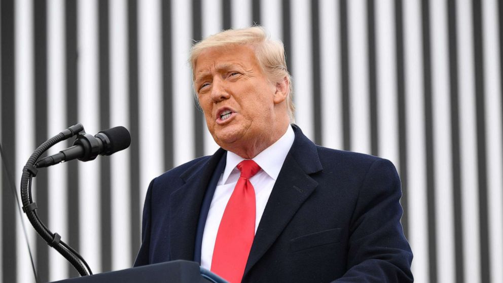 PHOTO: President Donald Trump speaks after touring a section of the border wall in Alamo, Texas, Jan. 12, 2021.
