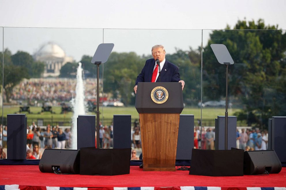 PHOTO: President Donald Trump speaks during a "Salute to America" event on the South Lawn of the White House, Saturday, July 4, 2020, in Washington.