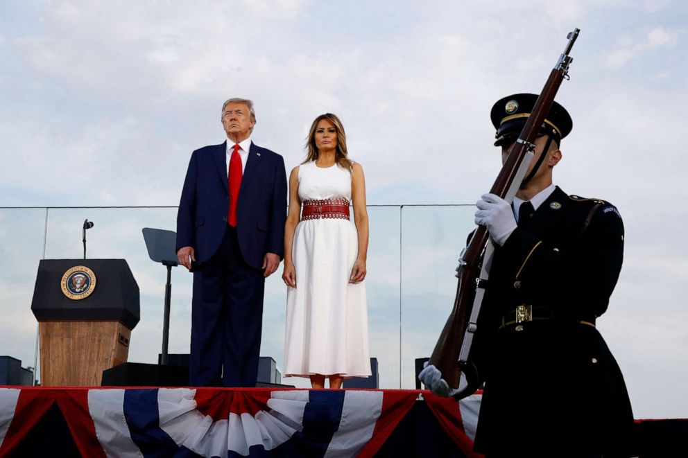 PHOTO: President Donald Trump and first lady Melania Trump stand onstage during a "Salute to America" event on the South Lawn of the White House, Saturday, July 4, 2020, in Washington.