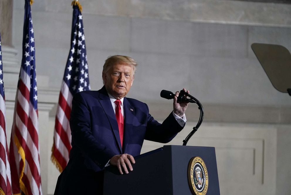 PHOTO: President Donald Trump makes remarks at the White House Conference on American History in observance of Constitution Day at the National Archives in Washington, DC., Sept. 17, 2020.