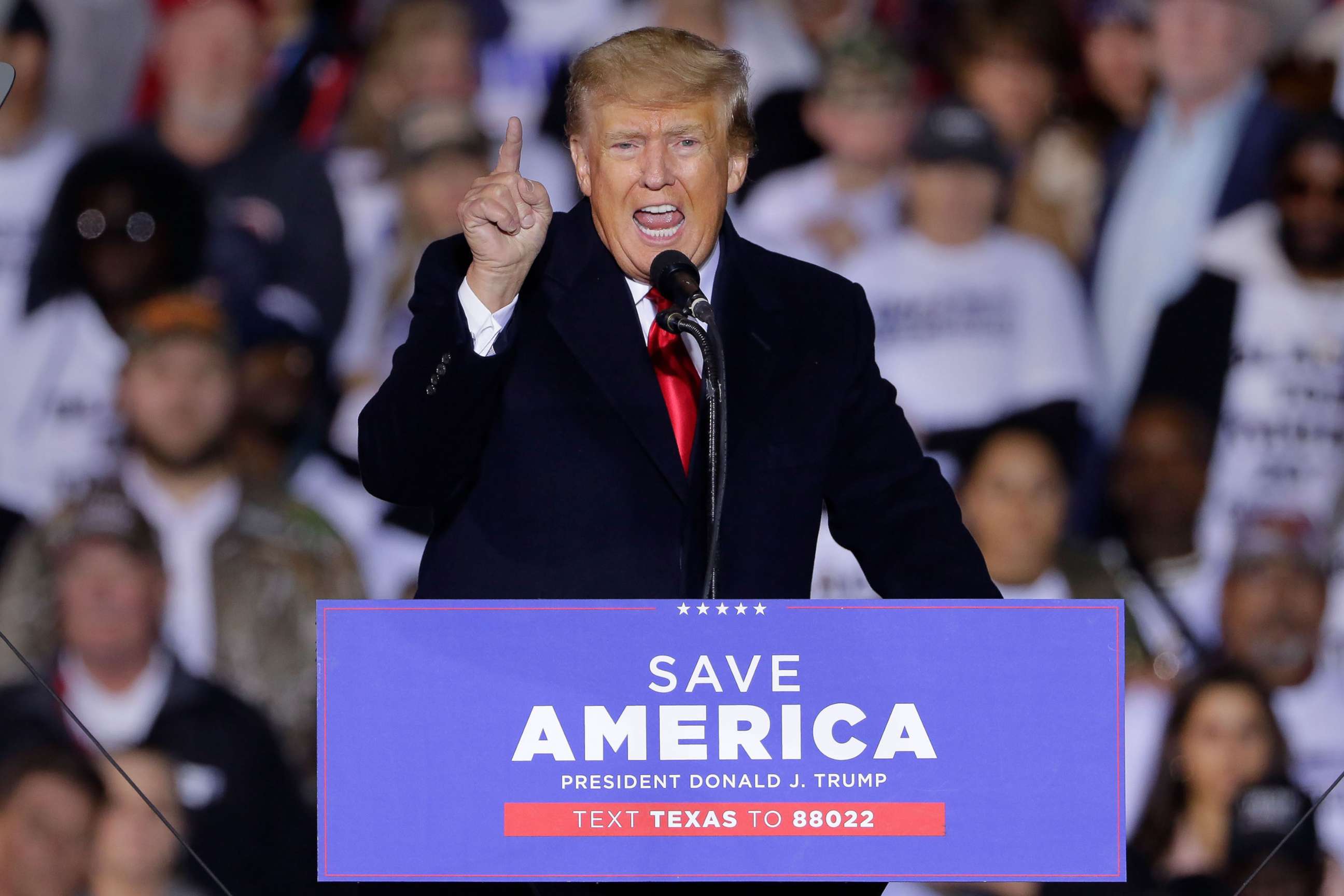 PHOTO: Former president Donald Trump speaks at a Save America Rally, held outdoors at the Montgomery County Fairgrounds in Conroe, Texas, Jan. 29, 2022.